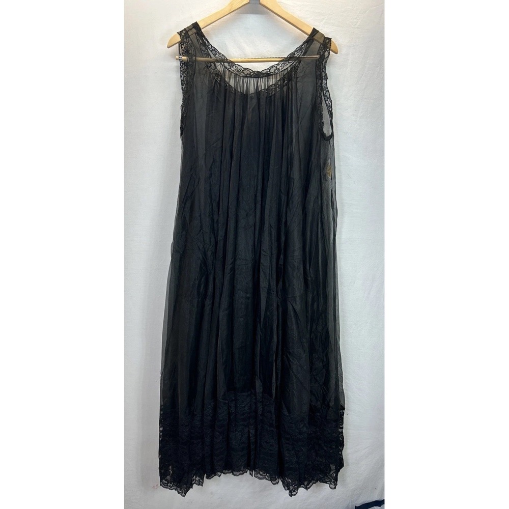 VTG Miss Elaine Nylon nightgown Sheer lace trim Plus OS sexy Flowy blouson black